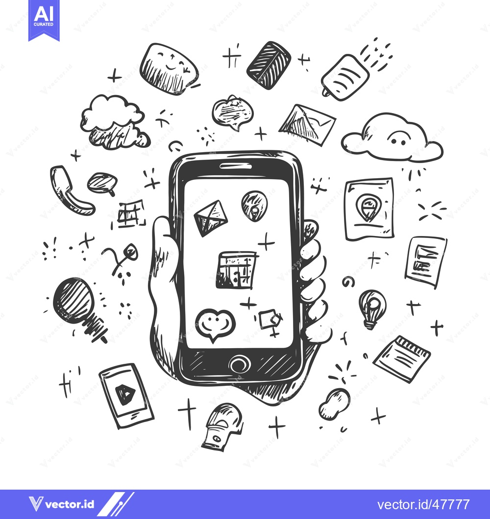Premium Vector dari Hand Holding Smartphone Surrounded by Hand-Drawn Icons