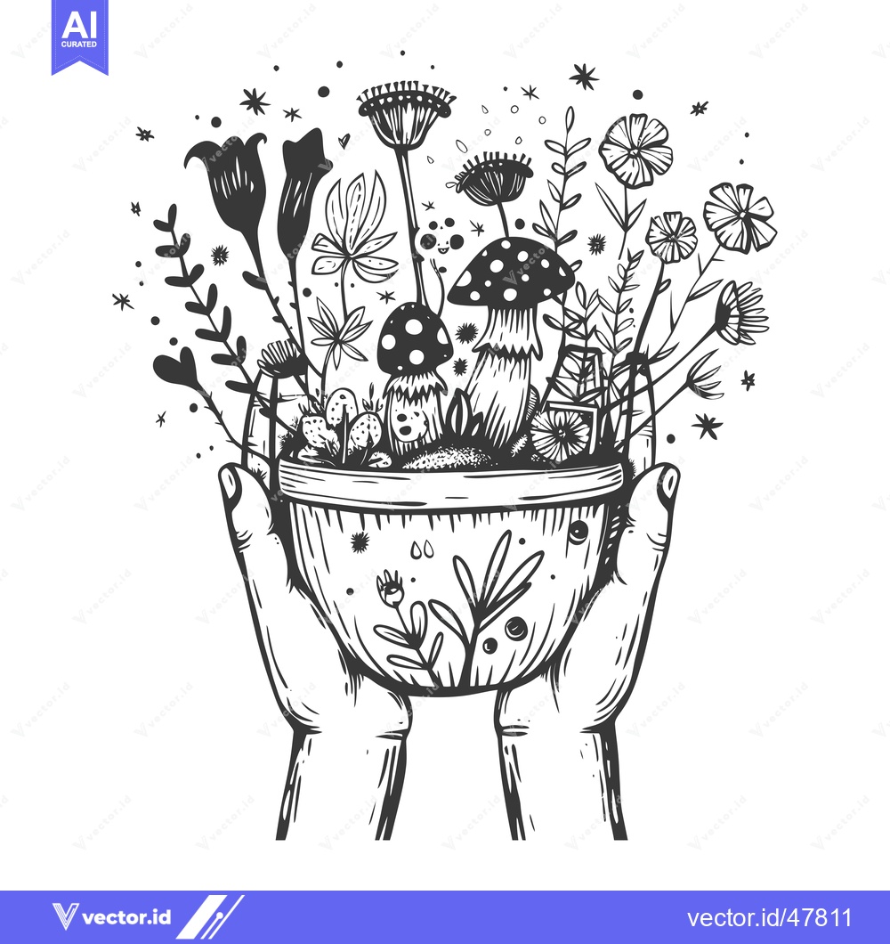 Premium Vector of Hands Holding a Bowl Overflowing with Mushrooms and Flowers