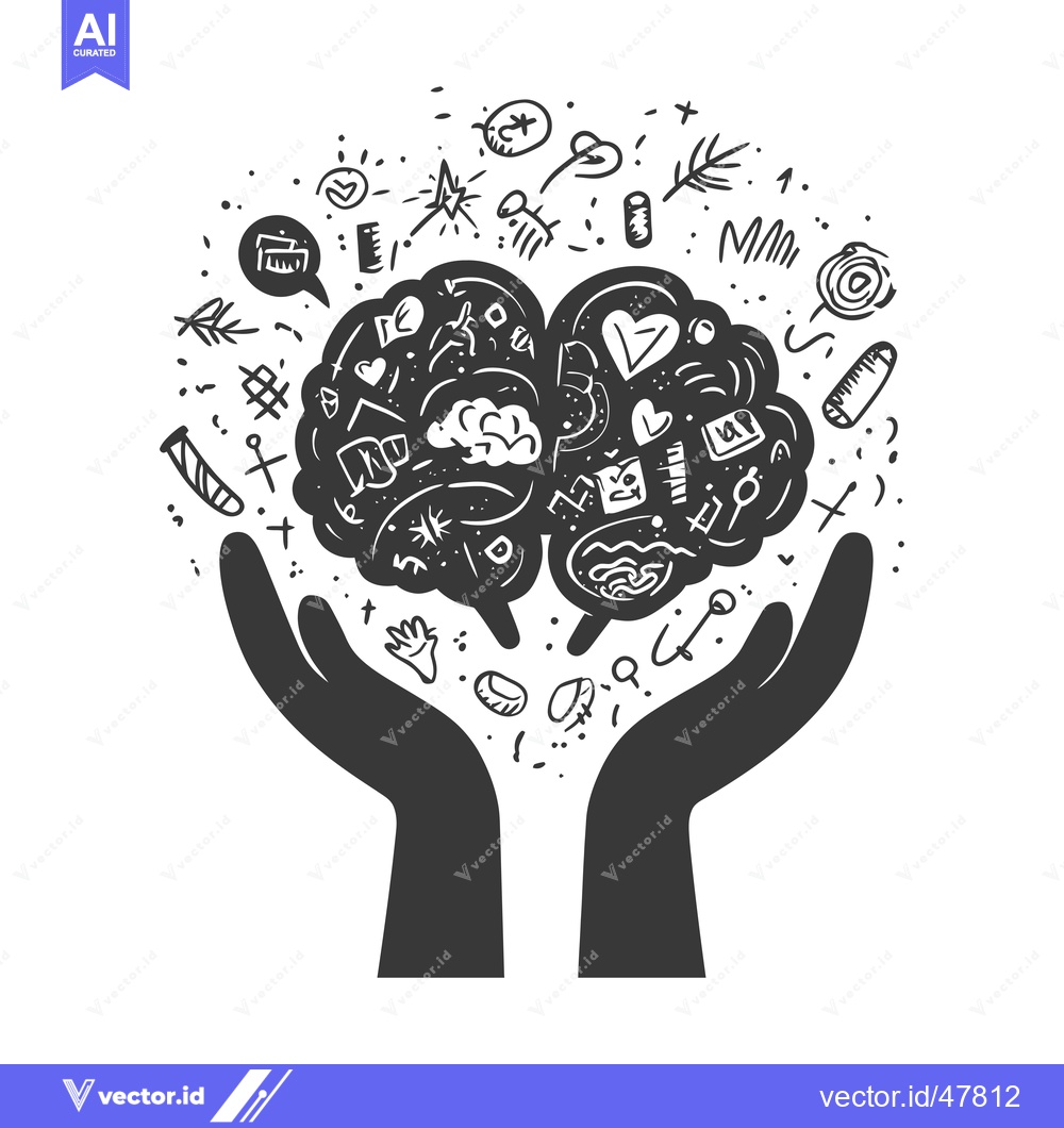 Premium Vector of Hands Holding a Brain with Doodles Surrounding It