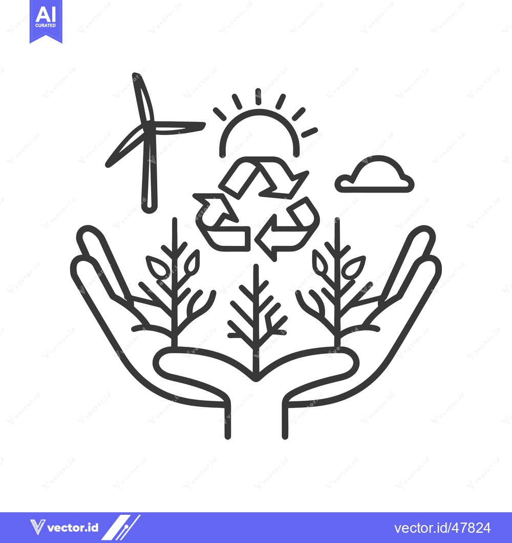 Premium Vector of Hands Protecting Growing Trees with Recycling Symbol, Wind Turbine, an