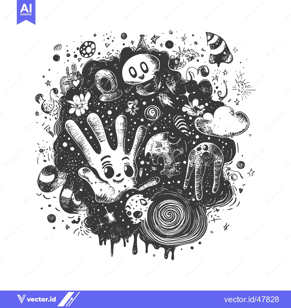 Premium Vector of Hand with a Face Surrounded by Doodle-Style Planets, Stars, and Other