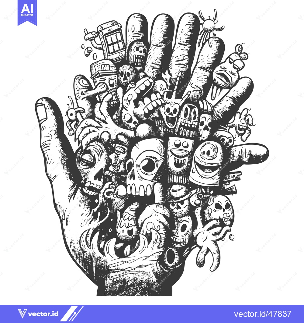 Premium Vector of Hand with Cartoon Monsters and Skulls