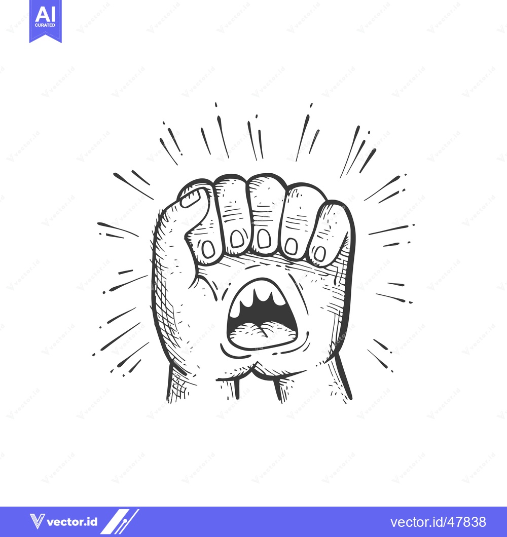 Premium Vector dari Hand with clenched fist and open mouth in a shouting gesture with rays