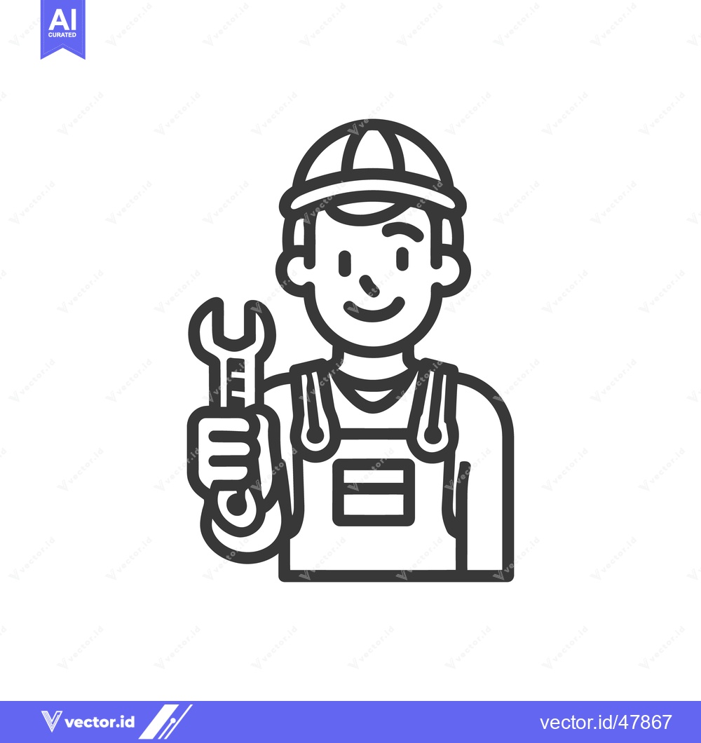Premium Vector of Cartoon Mechanic Icon with Wrench and Overalls, Line Art