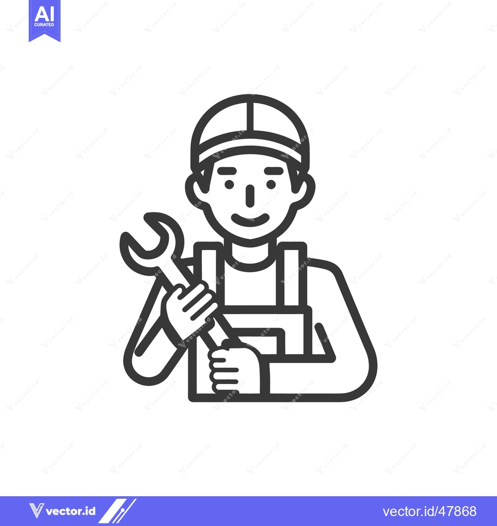 Premium Vector of Mechanic Icon: Smiling Worker with Wrench, Outline Style