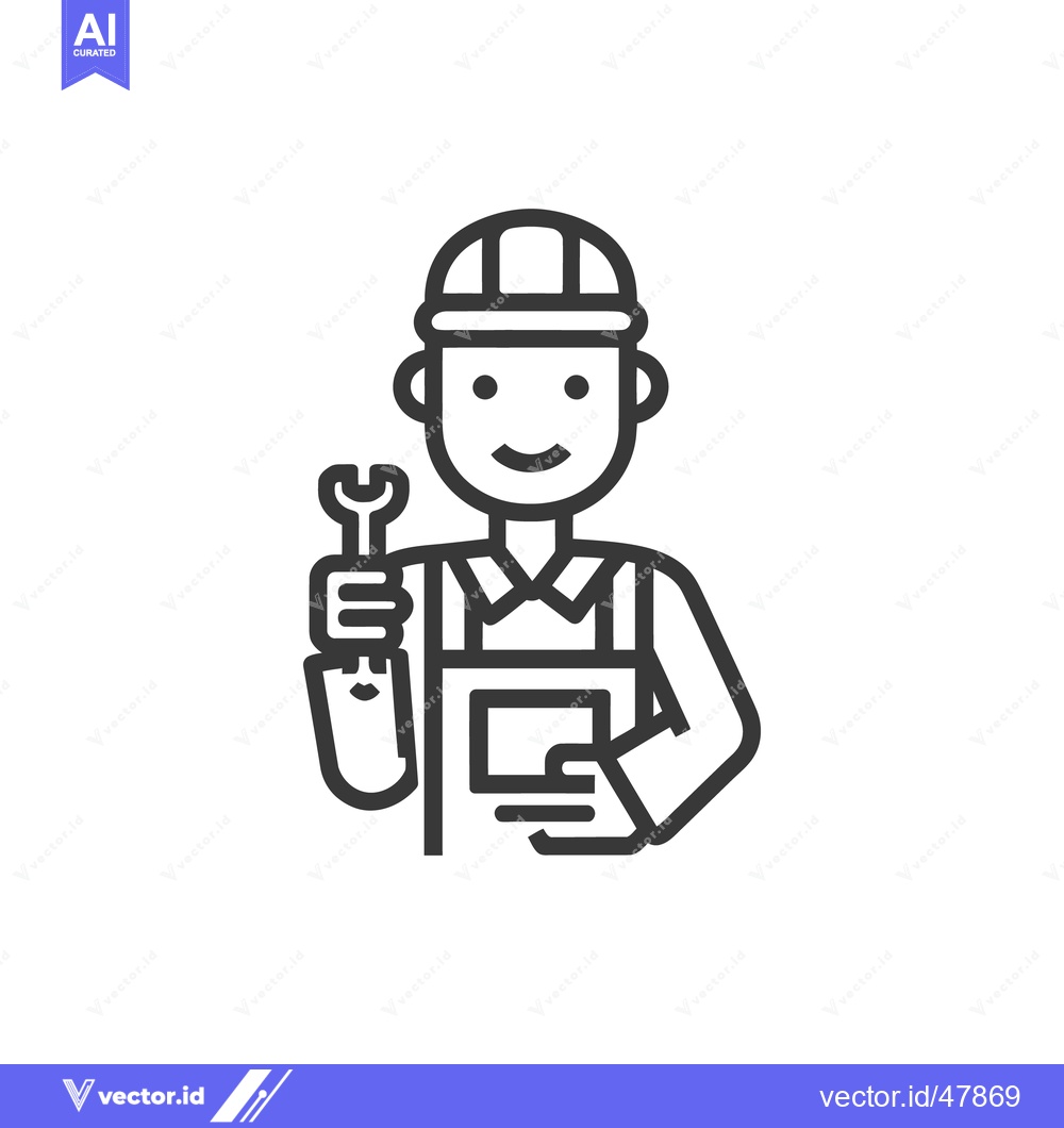 Premium Vector dari Minimalist Line Art: Smiling Mechanic Holding Wrench, Isolated on Whit