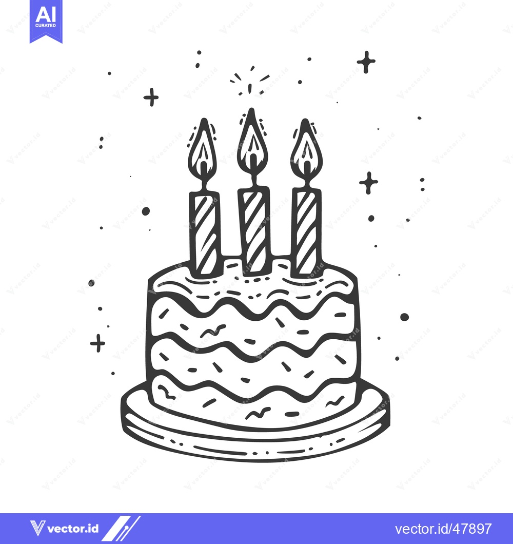 Premium Vector of A birthday cake with three lit candles illustrated in black lines