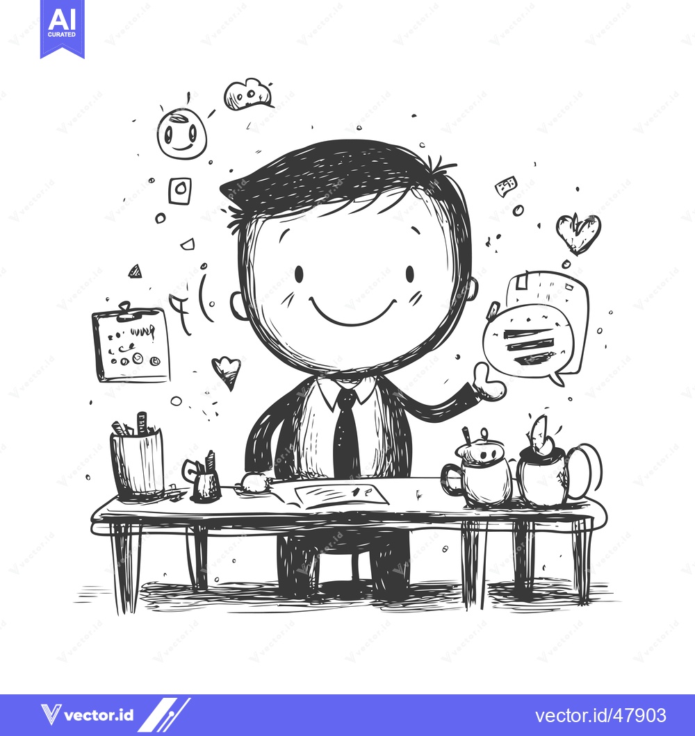 Premium Vector of Happy Businessman Sitting at Desk with Thoughts and Coffee Mugs