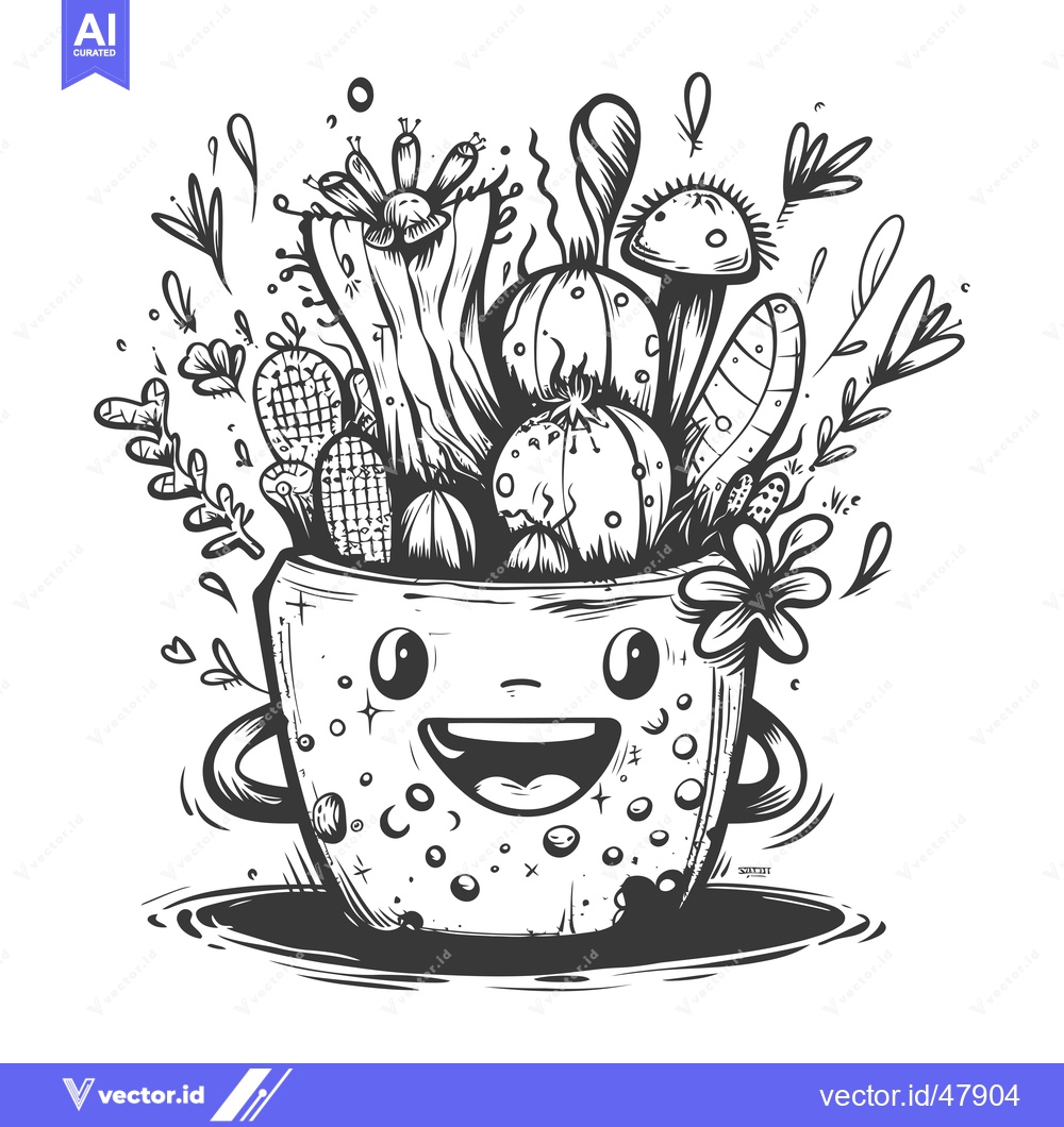 Premium Vector of Happy Cactus Pot with Smiling Face and Decorative Flowers