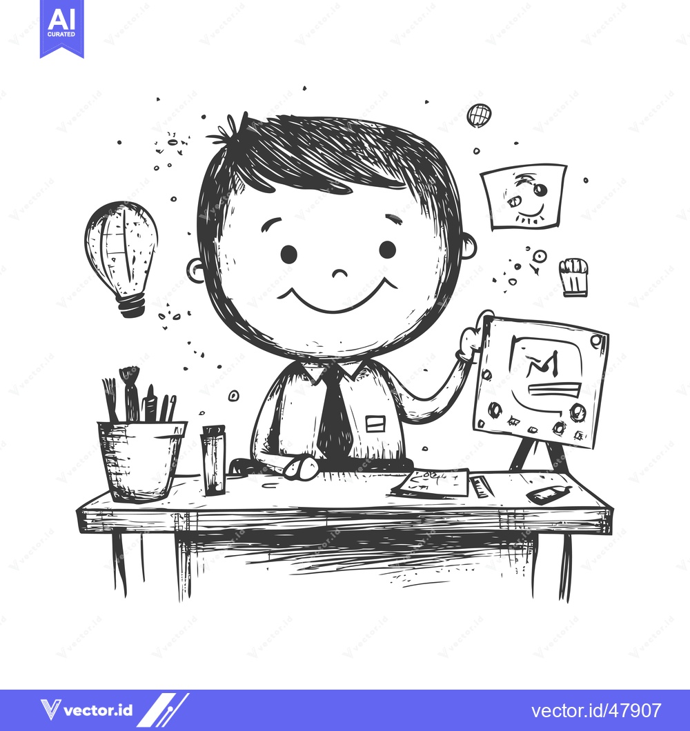 Premium Vector of Happy Cartoon Man Working at Desk with Light Bulb and Drawing Pad