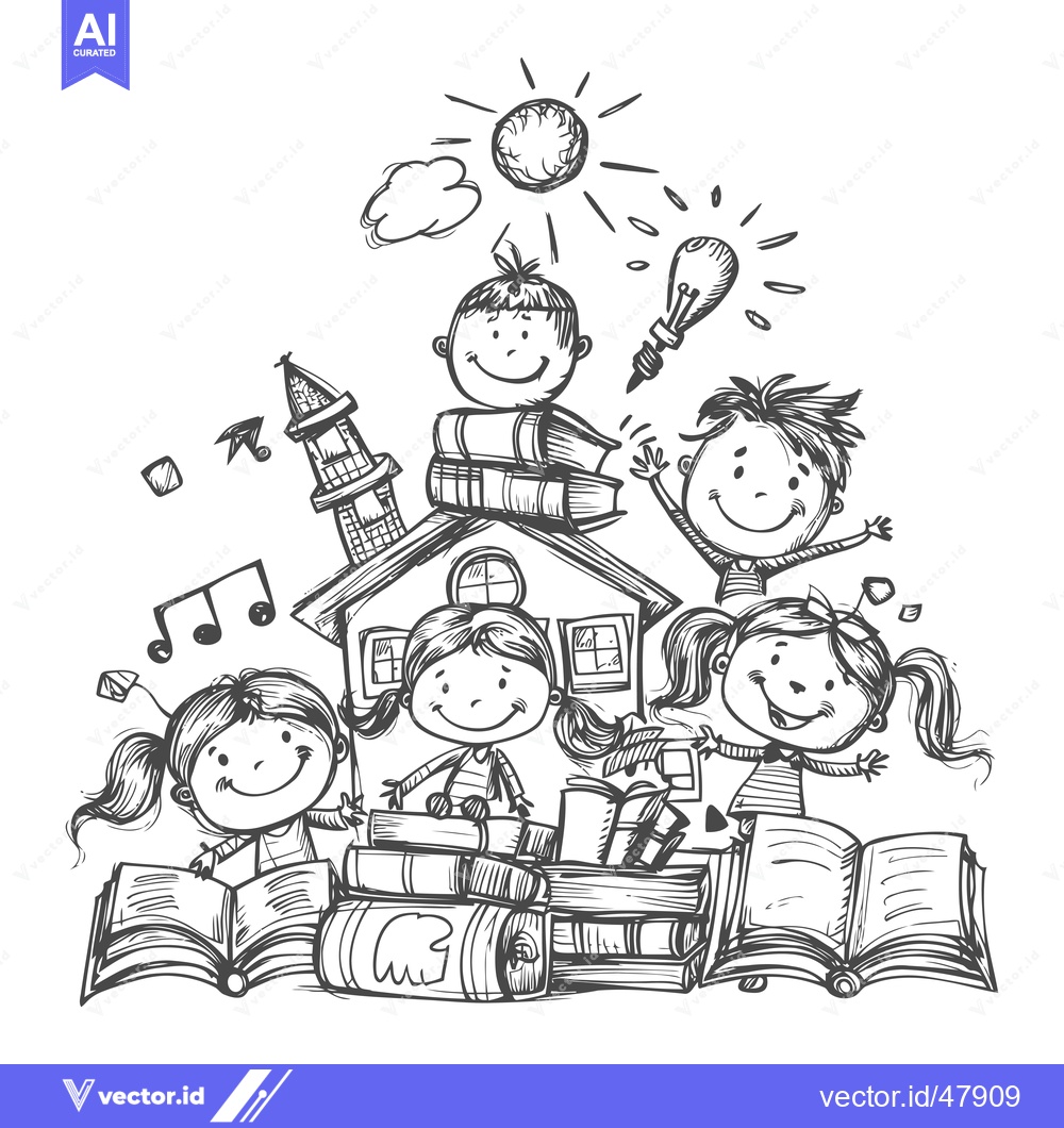 Premium Vector of Happy Children Surrounded by Books, School, and Music