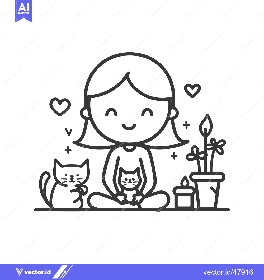 Premium Vector dari Happy Girl Holding a Cat with a Plant and Candle Beside Her