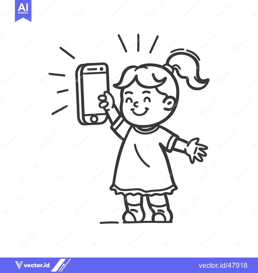 Premium Vector of Happy Girl Holding a Smartphone with a White Screen