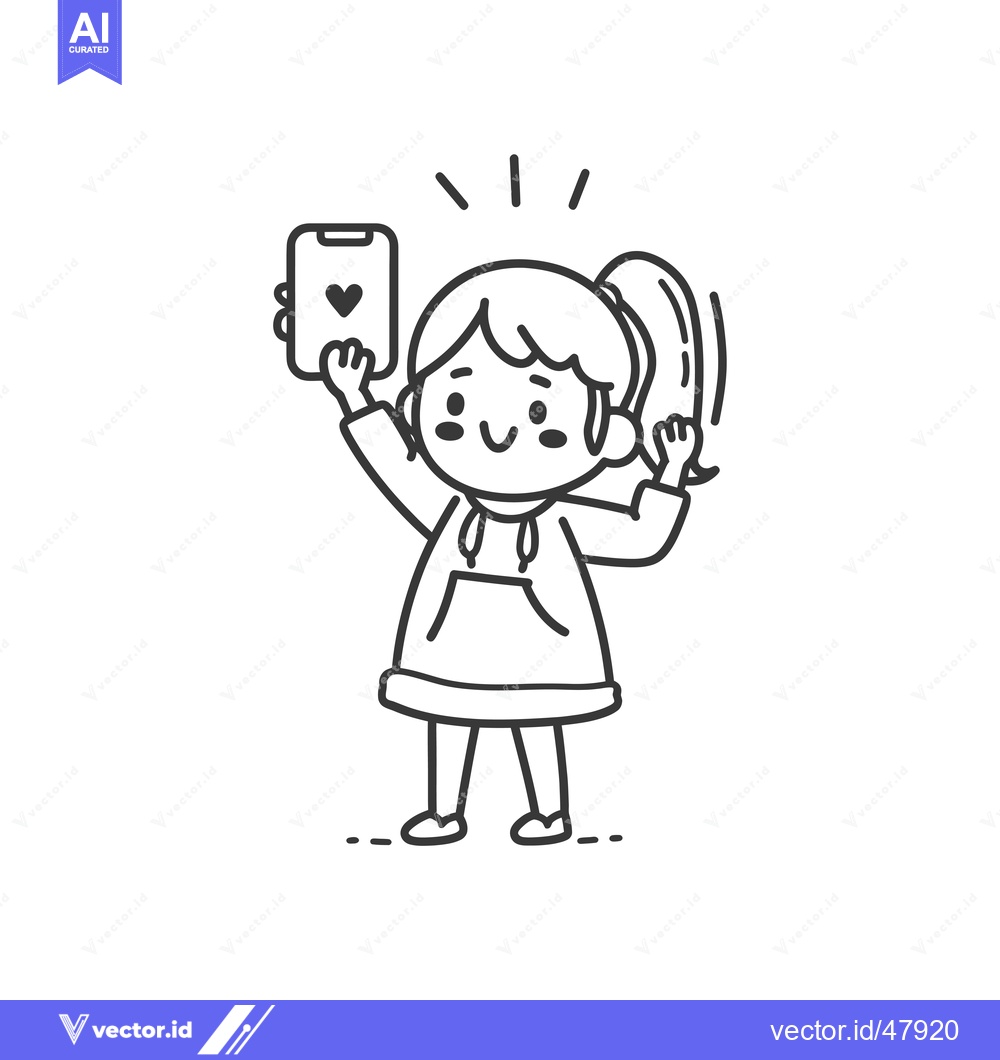 Premium Vector of Happy Girl Holding Smartphone with Heart Icon