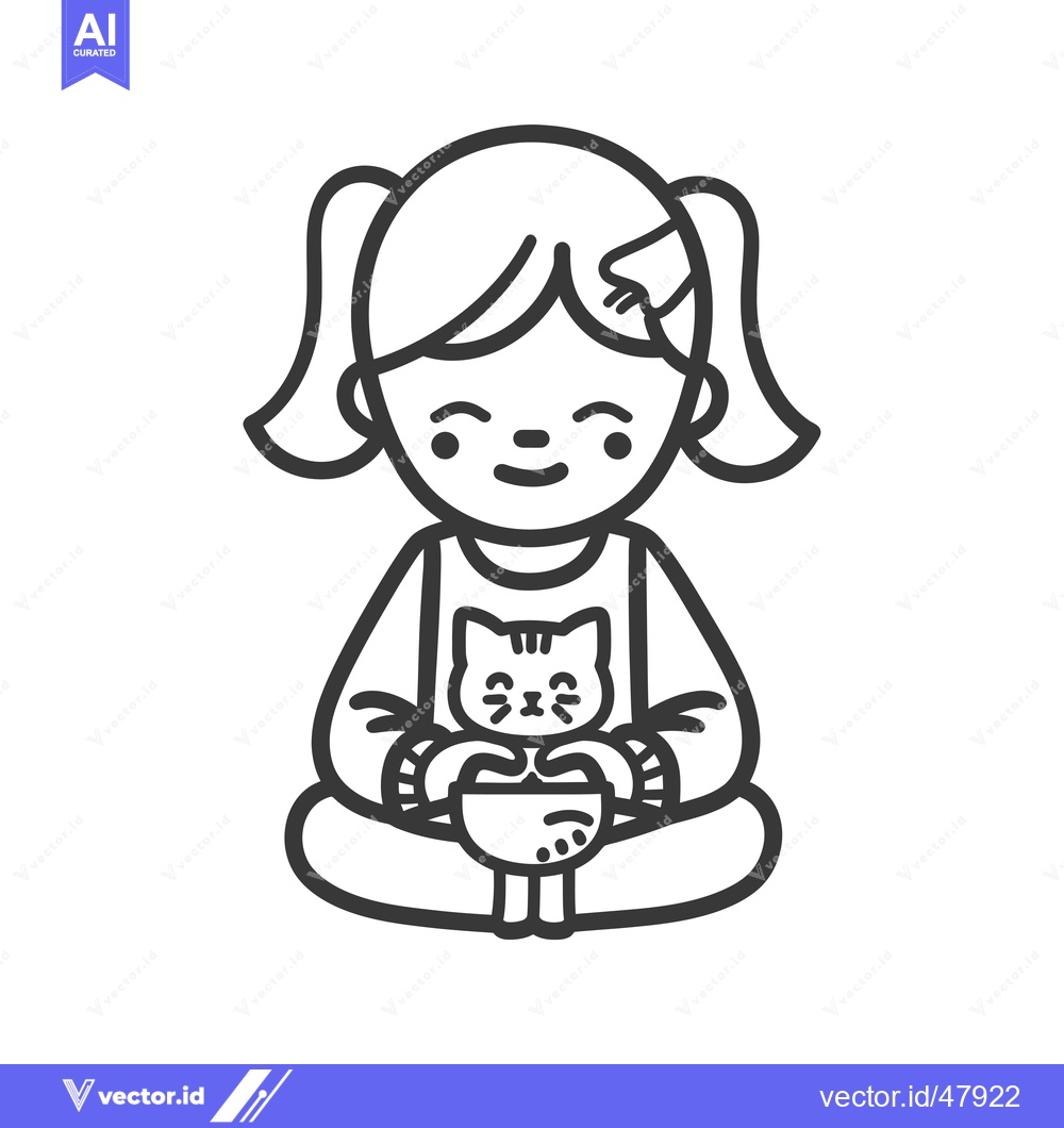 Premium Vector of Happy girl sitting with a cat and a bowl