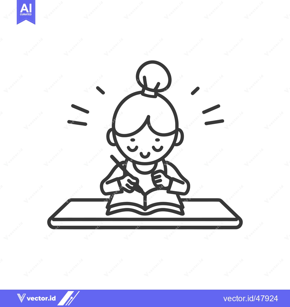 Premium Vector of Happy girl with a bun writing in a notebook