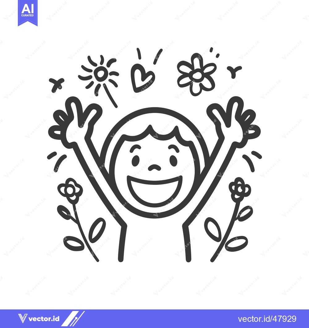 Premium Vector of A happy child raising hands with flowers and sunshine symbols
