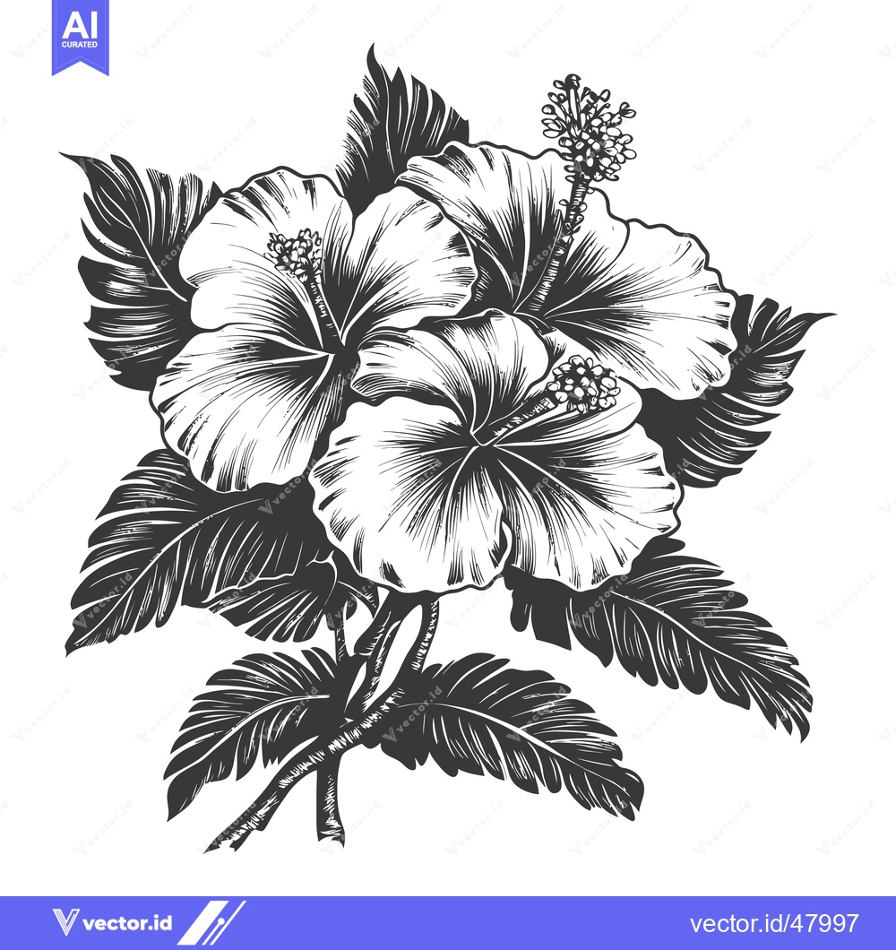 Premium Vector of Three Hibiscus Flowers with Lush Tropical Leaves