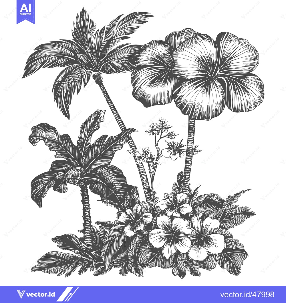 Premium Vector dari Tropical Floral Design Featuring Palm Trees and Flowers