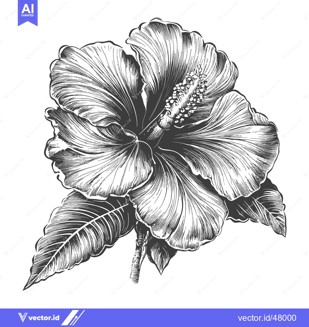 Premium Vector of Detailed Engraving of a Hibiscus Flower with Leaves