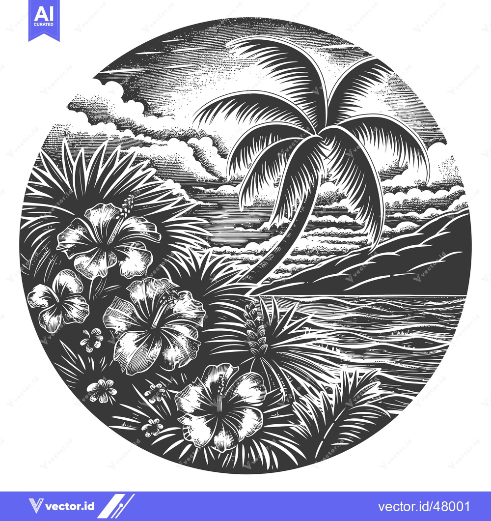 Premium Vector of Tropical Island Paradise Scenic Palm Tree Hibiscus Flowers Ocean