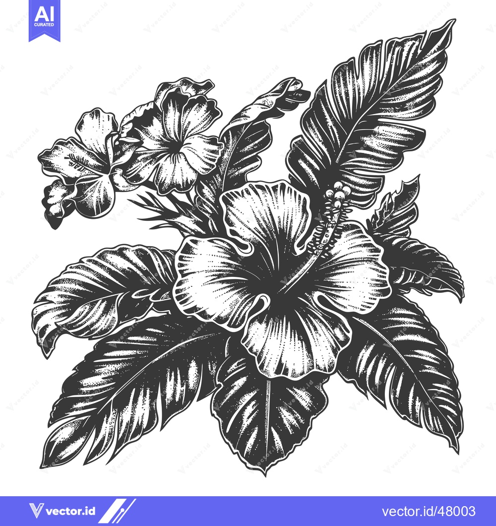Premium Vector of Tropical Hibiscus Flowers and Lush Leaves Design