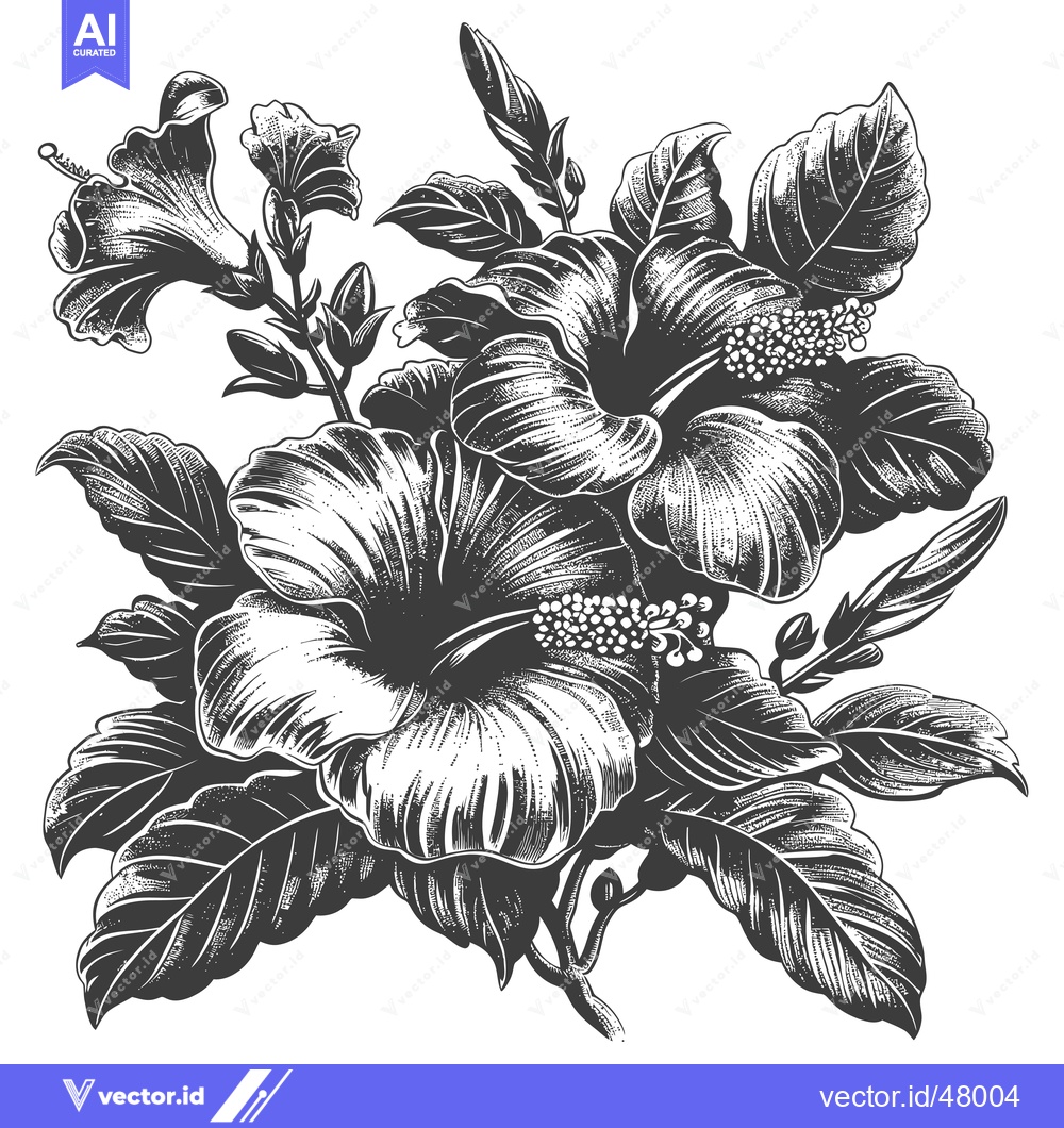 Premium Vector of Elegant Hibiscus Flowers with Lush Green Leaves