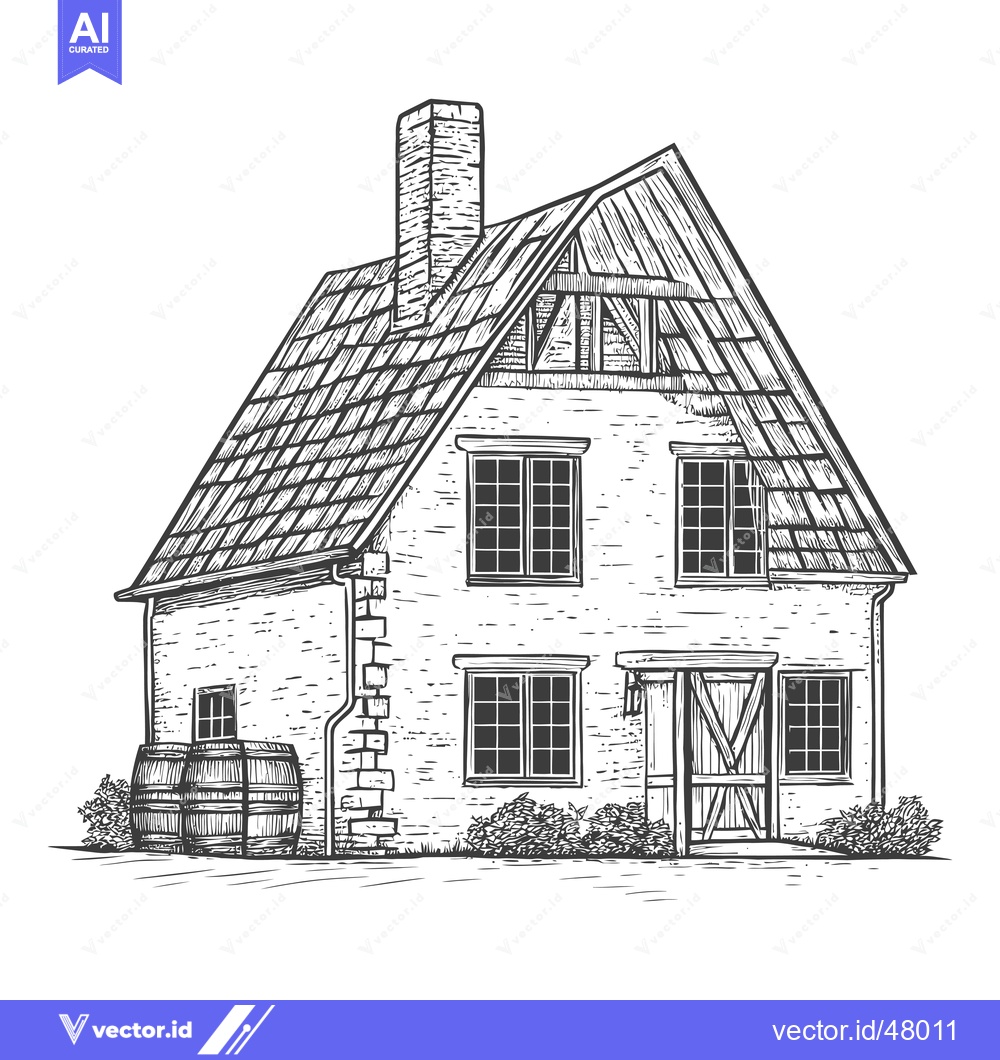 Premium Vector of A charming brick house with a steeply pitched roof and barrels