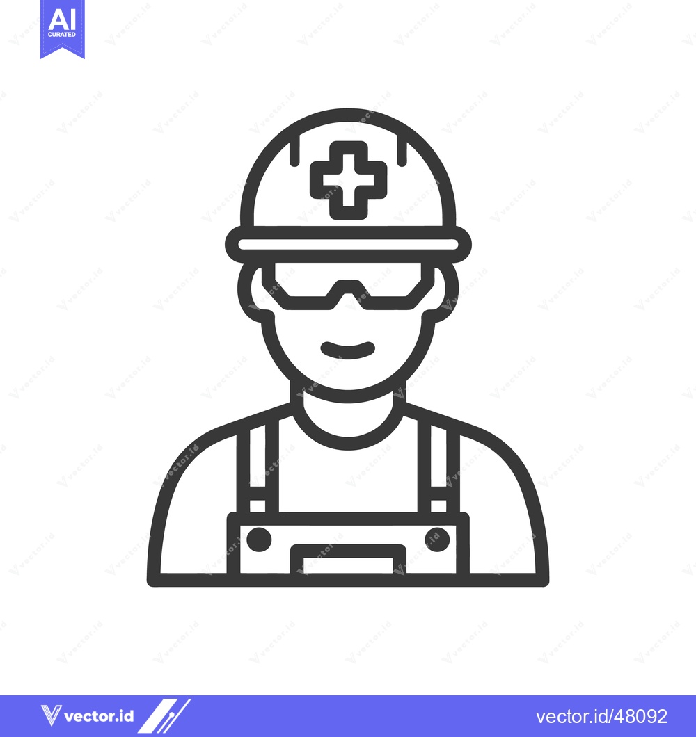 Premium Vector of Construction Worker Icon with Hard Hat and Overalls, Line Art Style