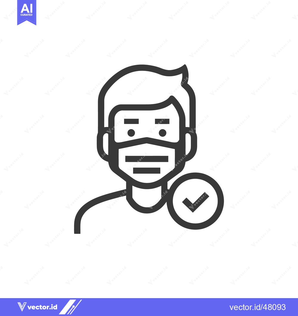 Premium Vector dari Man Wearing Mask with Checkmark Icon, Line Art Illustration