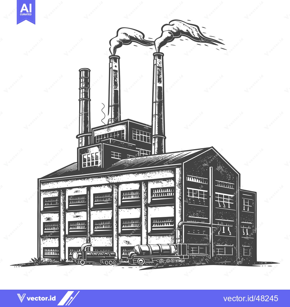Premium Vector of Industrial Factory Building with Smoke Stacks and Trucks