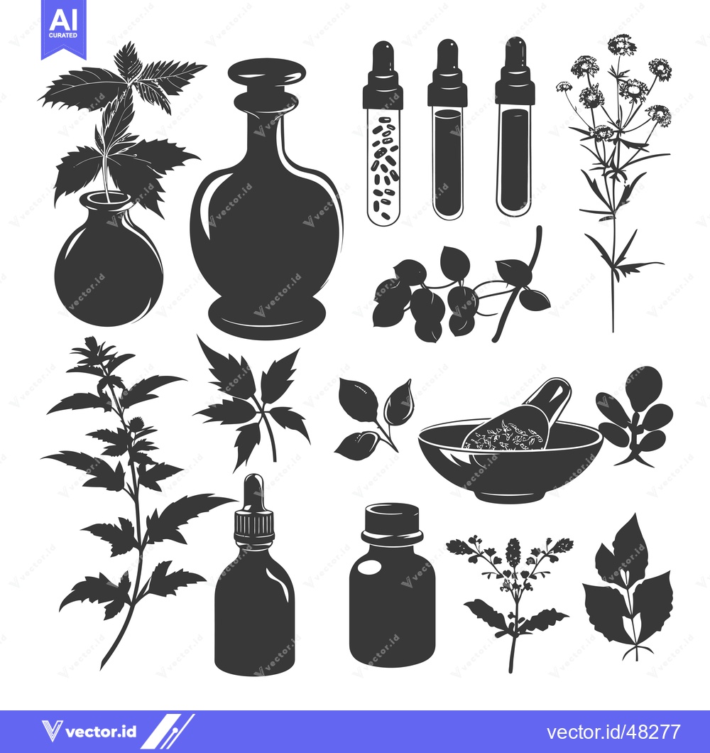 Premium Vector of Herbal Medicine and Essential Oil Elements in Silhouette