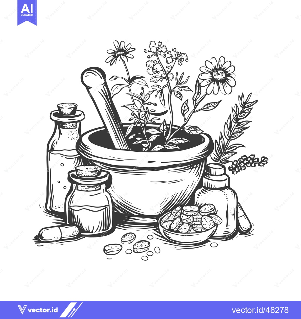 Premium Vector of Herbal Medicine Composition with Mortar, Bottles, and Pills