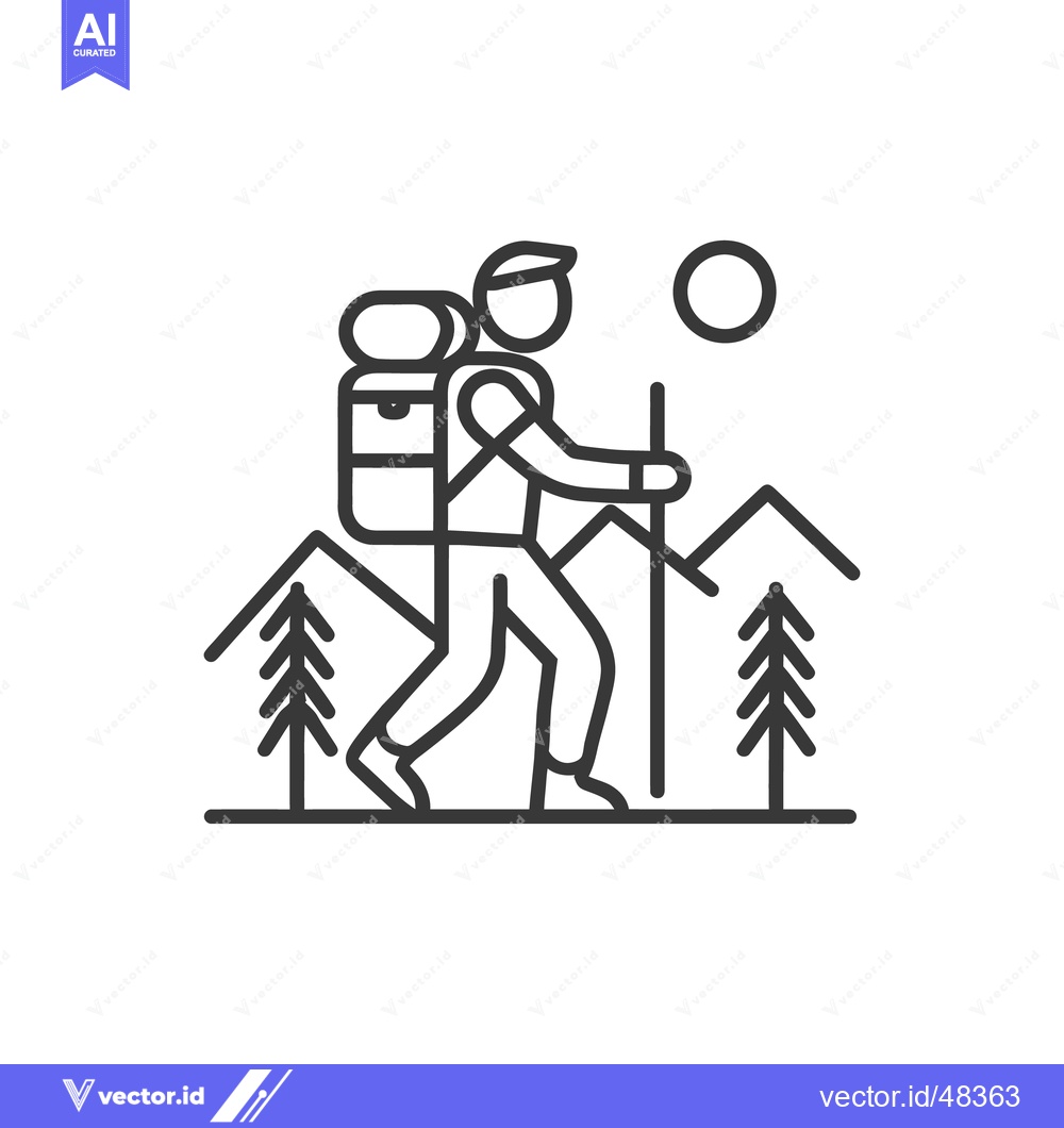 Premium Vector of Minimalist Hiker Icon: Backpack, Trekking Poles, Mountain Landscape, a