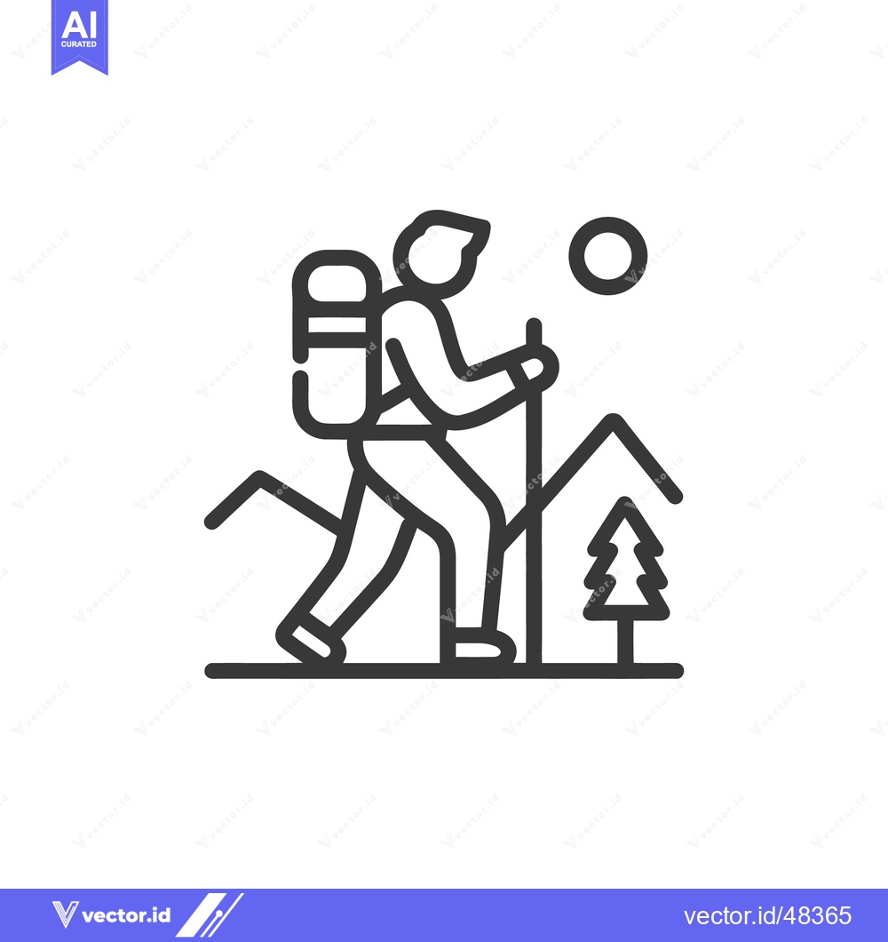 Premium Vector of Minimalist Hiker Icon: Backpack, Poles, Mountain, and Pine Tree