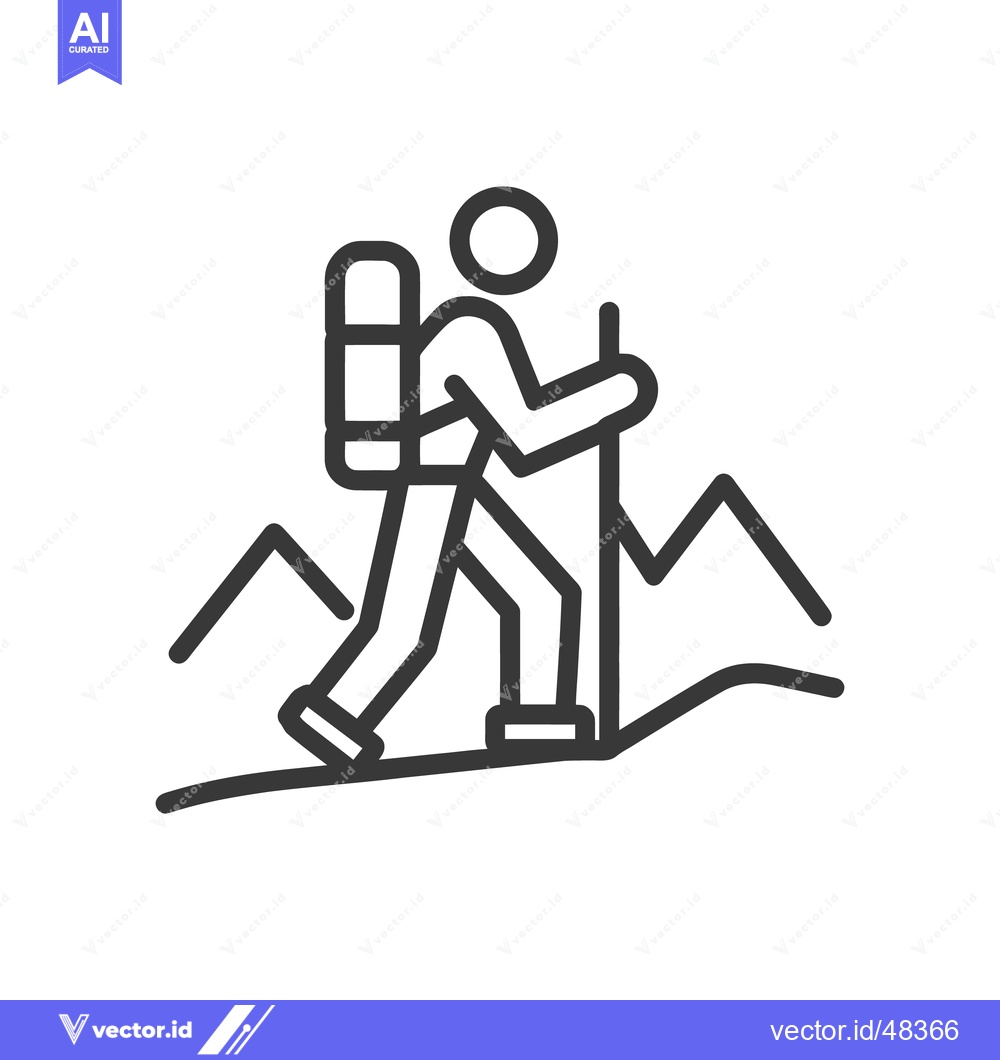 Premium Vector of Minimalist Hiking Icon: Trekking Through Mountains with Backpack and P