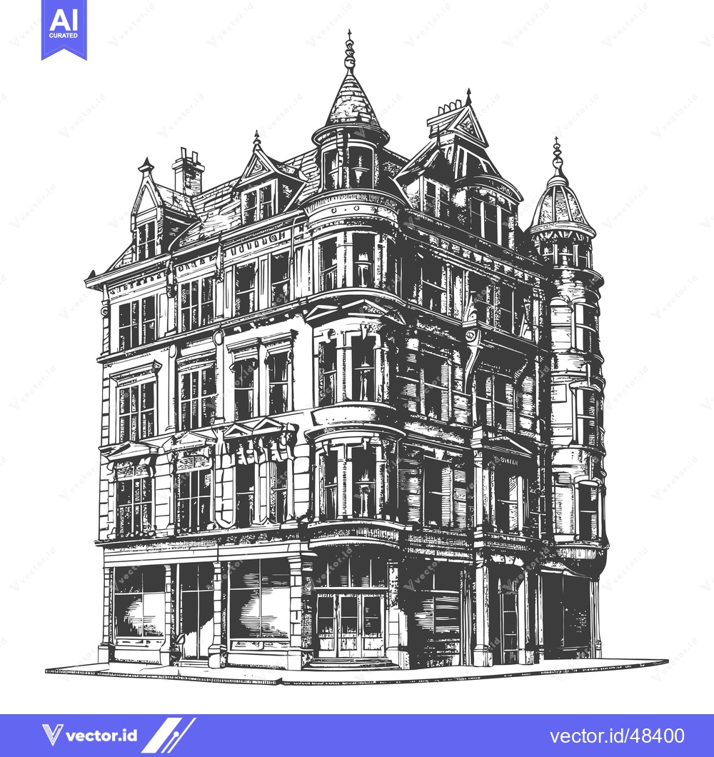 Premium Vector of Elegant Victorian Era Corner Building Architectural Drawing