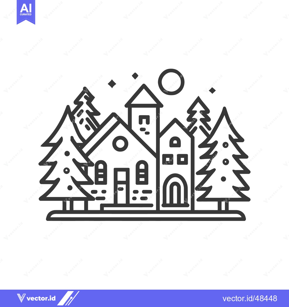 Premium Vector of Minimalist Winter Village Line Art with Pine Trees and Moon