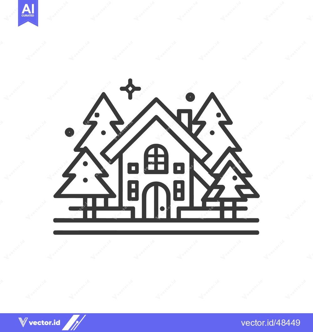 Premium Vector dari Winter Cabin Retreat: Minimalist Line Art with Pine Trees and Star