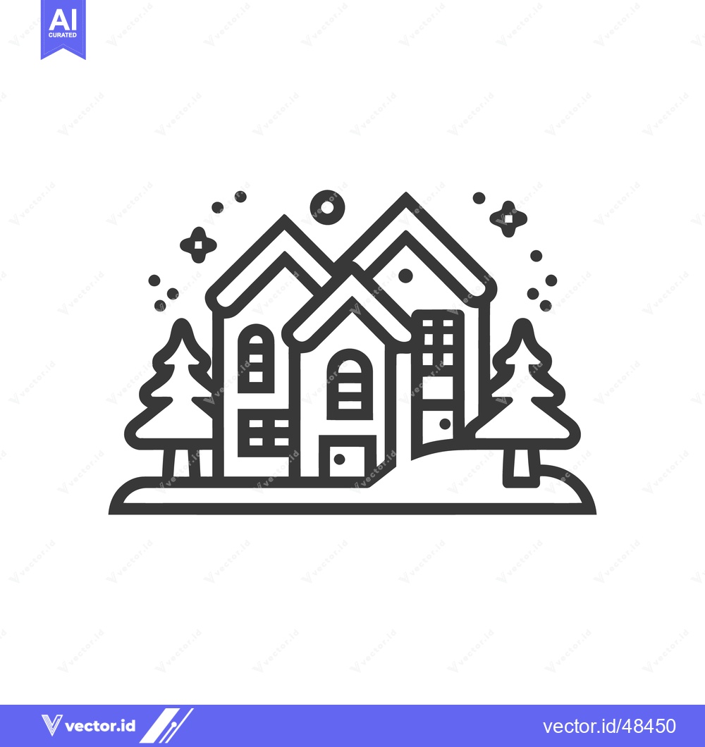 Premium Vector dari Winter Village Icon: Two Houses, Pine Trees, and Snowy Night Sky