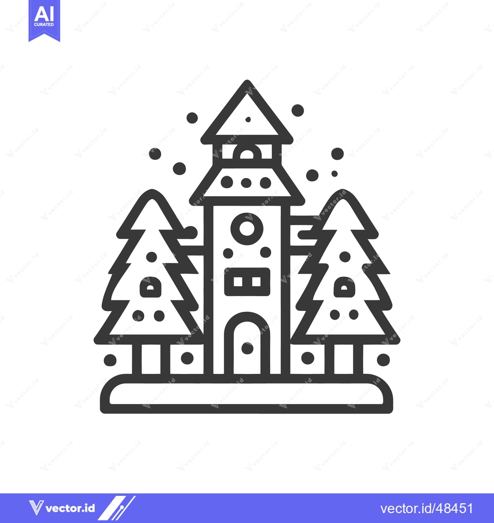 Premium Vector of Winter Village Icon: Tower, Trees, and Snowfall in Minimalist Style
