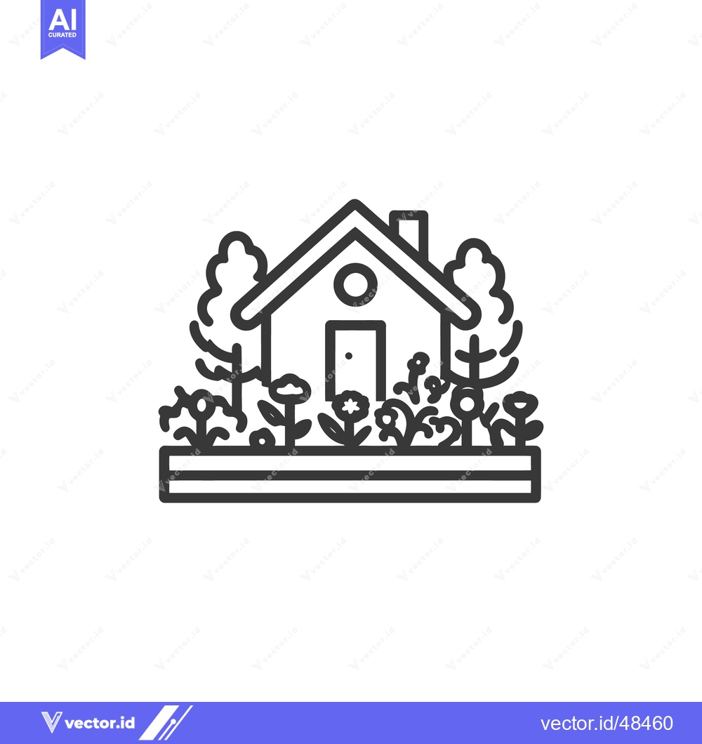 Premium Vector dari Minimalist House Icon with Garden, Trees, and Flowers in Black and Whi