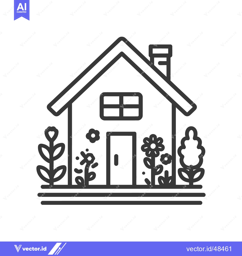 Premium Vector dari Minimalist House Icon with Flowers, Simple Line Art Design