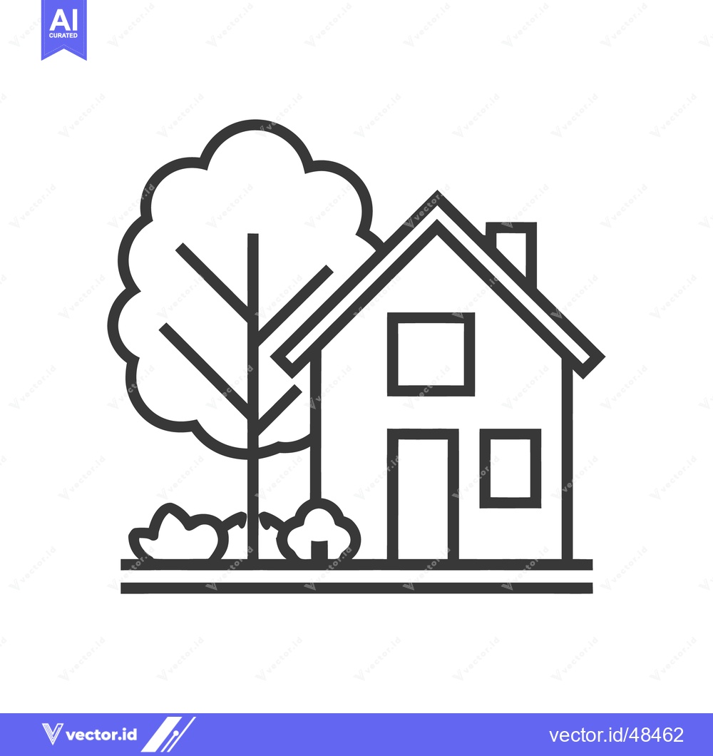 Premium Vector of Minimalist House Icon with Tree and Bushes, Black Outline on White Bac