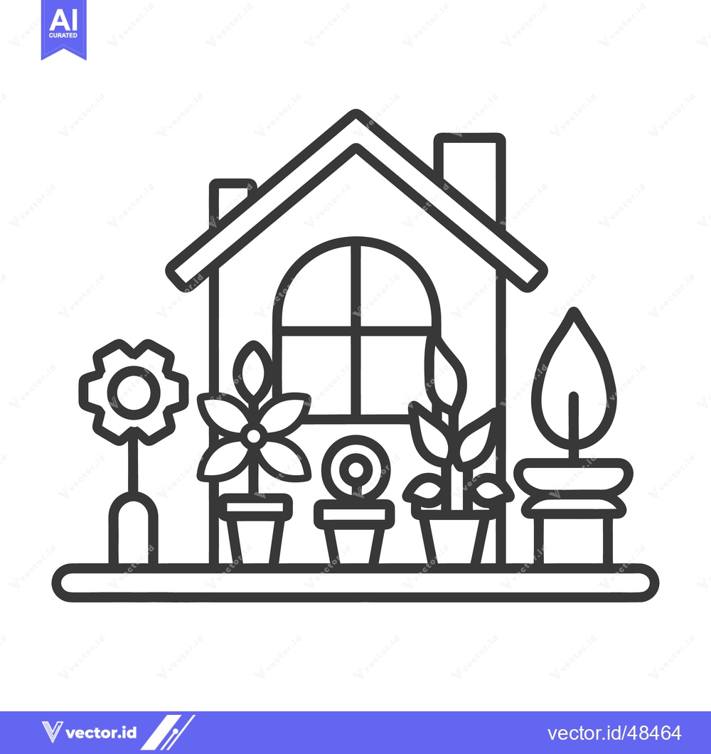 Premium Vector dari A stylized black and white illustration featuring a house and plants