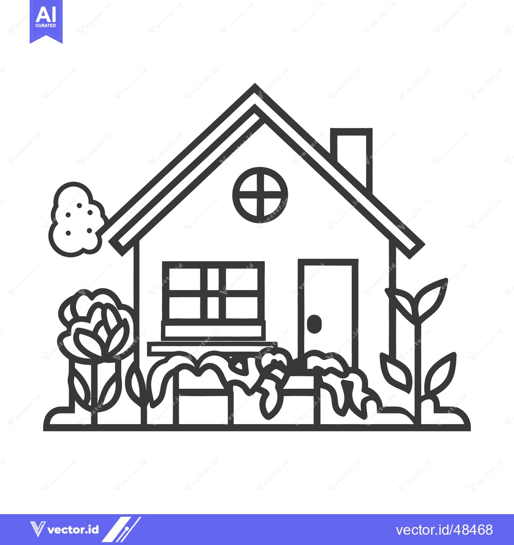 Premium Vector dari A simple black line drawing of a house and garden