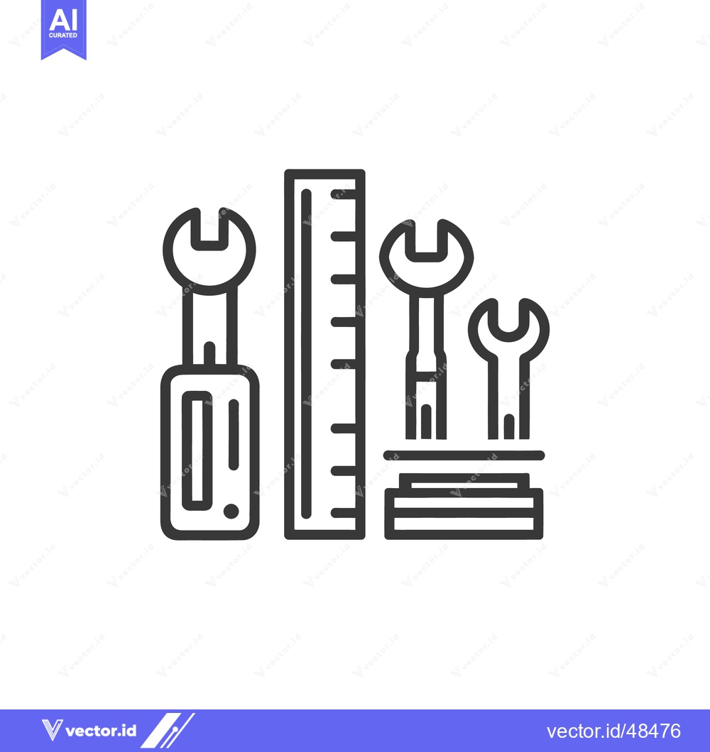Premium Vector of Minimalist Line Art: Wrenches, Ruler, and Stacked Blocks on White Back