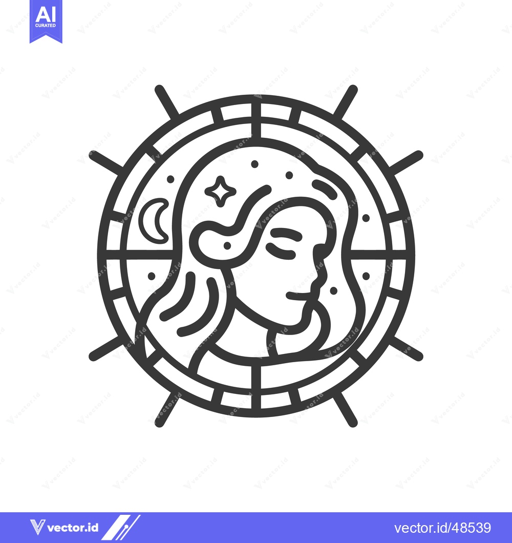 Premium Vector dari A circular outline drawing depicting a woman and celestial bodies