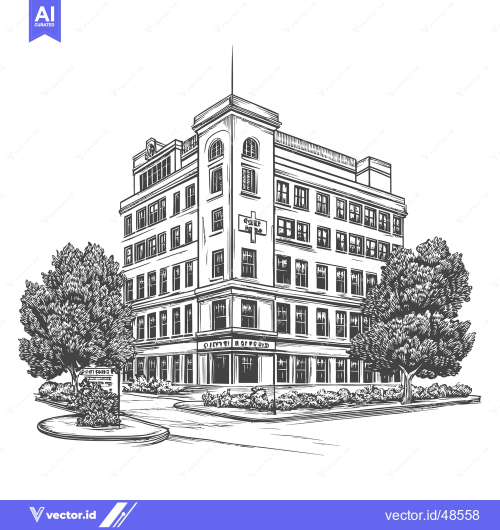 Premium Vector of A City Hospital Building With Trees And Landscaping