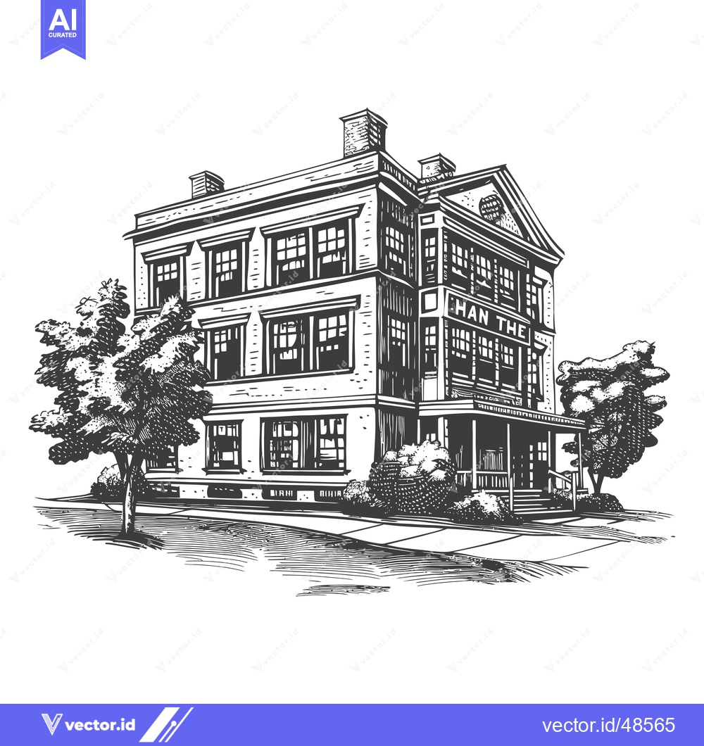 Premium Vector dari A Three Story Brick Building With Trees And Porch
